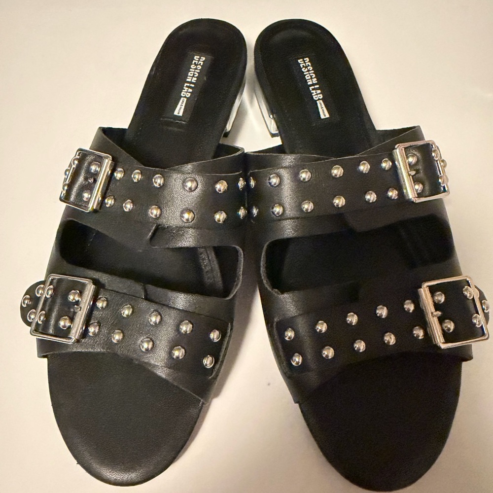 Lord & Taylor Black Studded Double-Buckle Slide sandals size 10 women’s